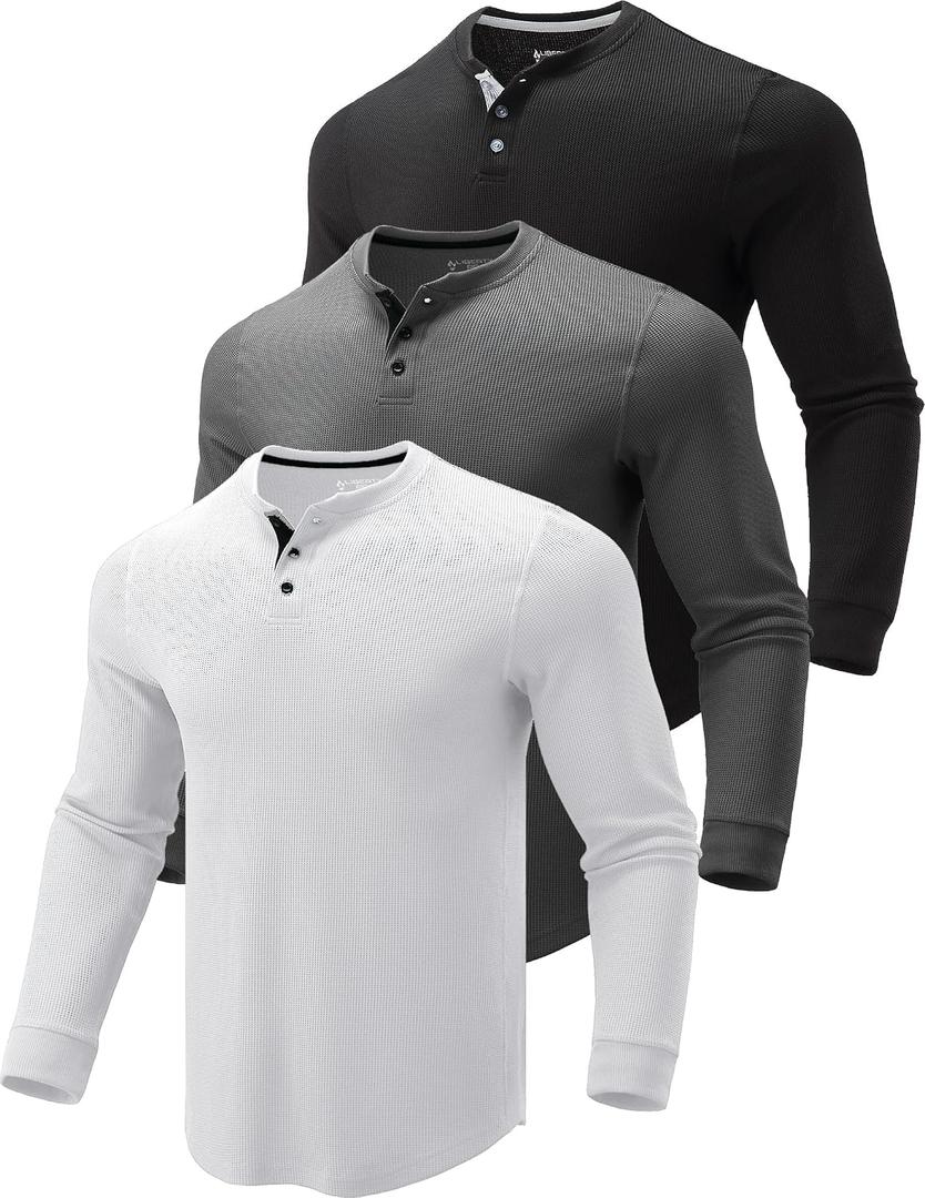 Liberty Pro 3 Pack Men's Waffle Henley Long Sleeve (Black, XL)