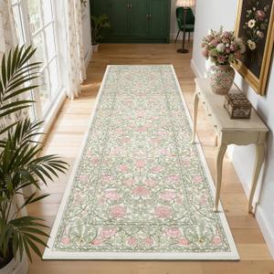 GarveeHome Pink and Green Vintage Floral 2x6 Runner Rug Washable Kitchen Rugs Non Slip Boho Long Rug for Hallways Bedroom Entryway Bathroom Mat with Rubber Back Beige