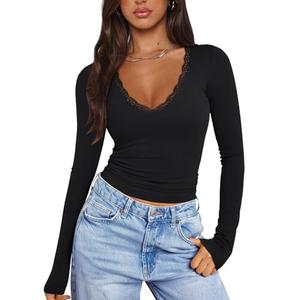 PINKMSTYLE Womens Sexy V-Neck Long Sleeve Tops Slim Fit Double Lined Tee Trendy Club Outfits Lace Tops 2024 Black Medium