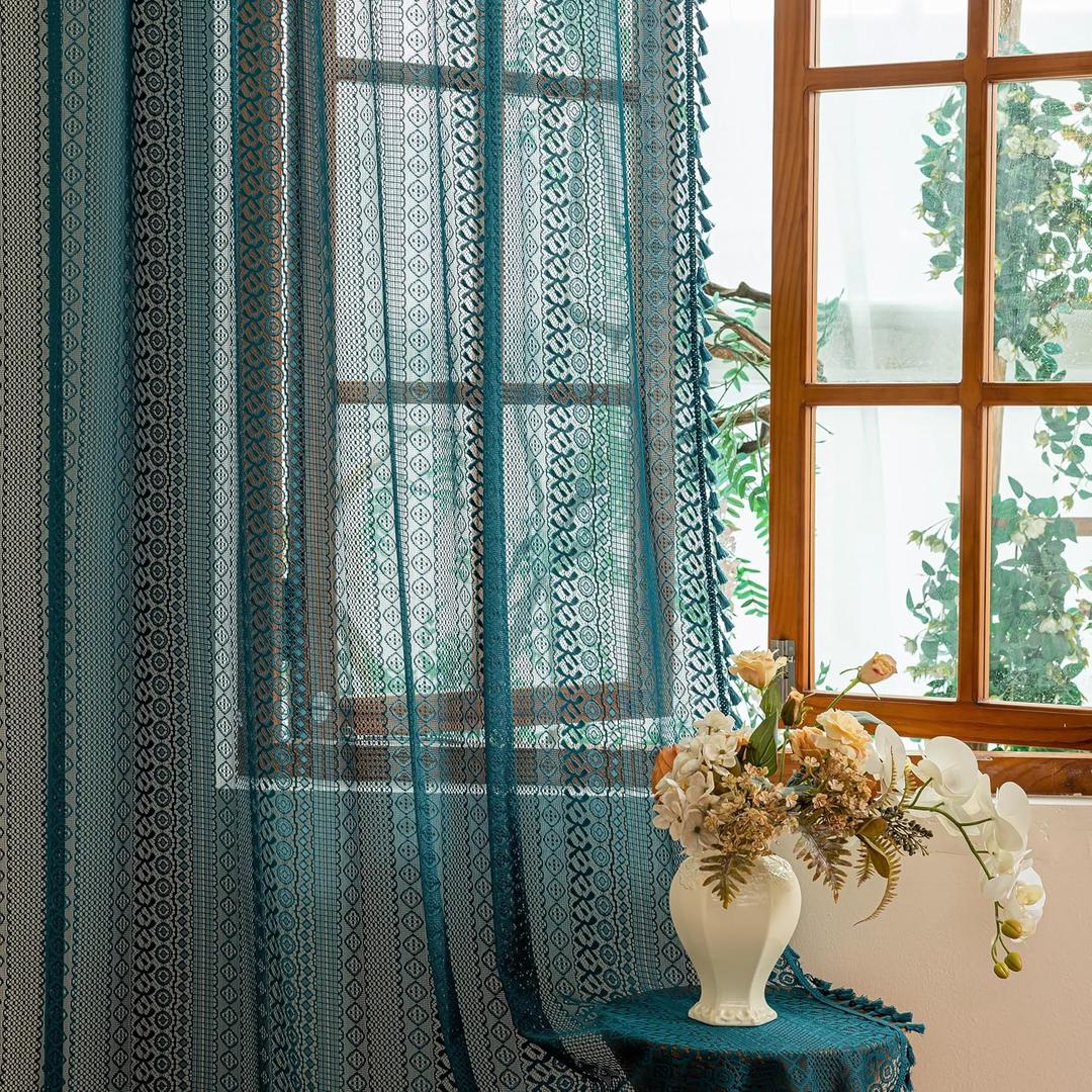 Sutuo Home Boho Curtains 2 Panels for Kitchen Nursery,Turquoise Lace Curtains Semi Sheer Crochet Vintage Hollow Country Tassels Bohemian Drape Privacy Window Treatments Rod Pocket, 50" x 63" Teal