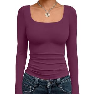 Trendy Queen Womens Long Sleeve Shirts Crop Tops Fall Fashion Solid Square Neck Going Out Basics Tees Y2k Clothes (X-Small, Mulberry)