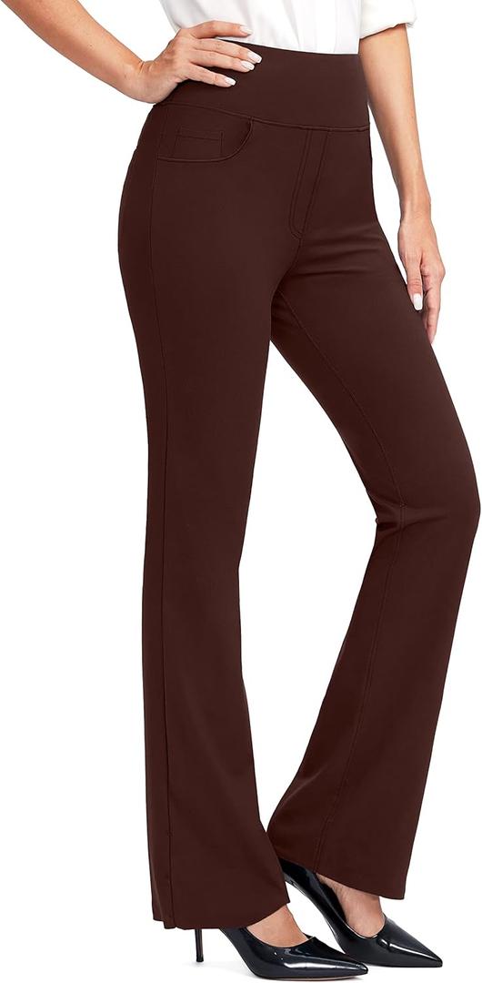 Rammus Womens High Waist Yoga Dress Pants with Pockets Stretch Work Pants for Women Bootcut Leg Slacks for Office Casual (Small, Brown)