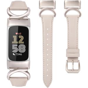 Minyee Leather Bands Compatible with Fitbit Charge 6/Fitbit Charge 5 Band Women, Slim Thin Dressy Premium Leather Strap with C-Shape Metal Buckle for Charge 6/5 Watch Accessories (Starlight/Starlight)