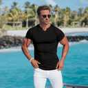 Agilelin Men's Muscle Short Sleeve Shirts Slim Fit V Neck T-Shirts (Black, L)