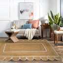 GRUHUM Scalloped Jute Area Rugs 9x12 ft Rectangular Natural Base White Trim Handwoven Boho Soft Braided Rustic Vintage EcoFriendly Rug- Farmhouse Indoor Living Room Bedroom Kitchen Hallways Home Décor