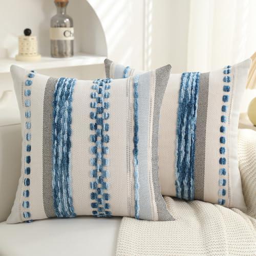 Boho Pillow Covers 18x18 Set of 2 for Couch-Modern Farmhouse Sofa Decorative Blue Throw Pillow Covers Textured Chenille Cushion Covers Outdoor Netural Bohemian Pillow Cases Square