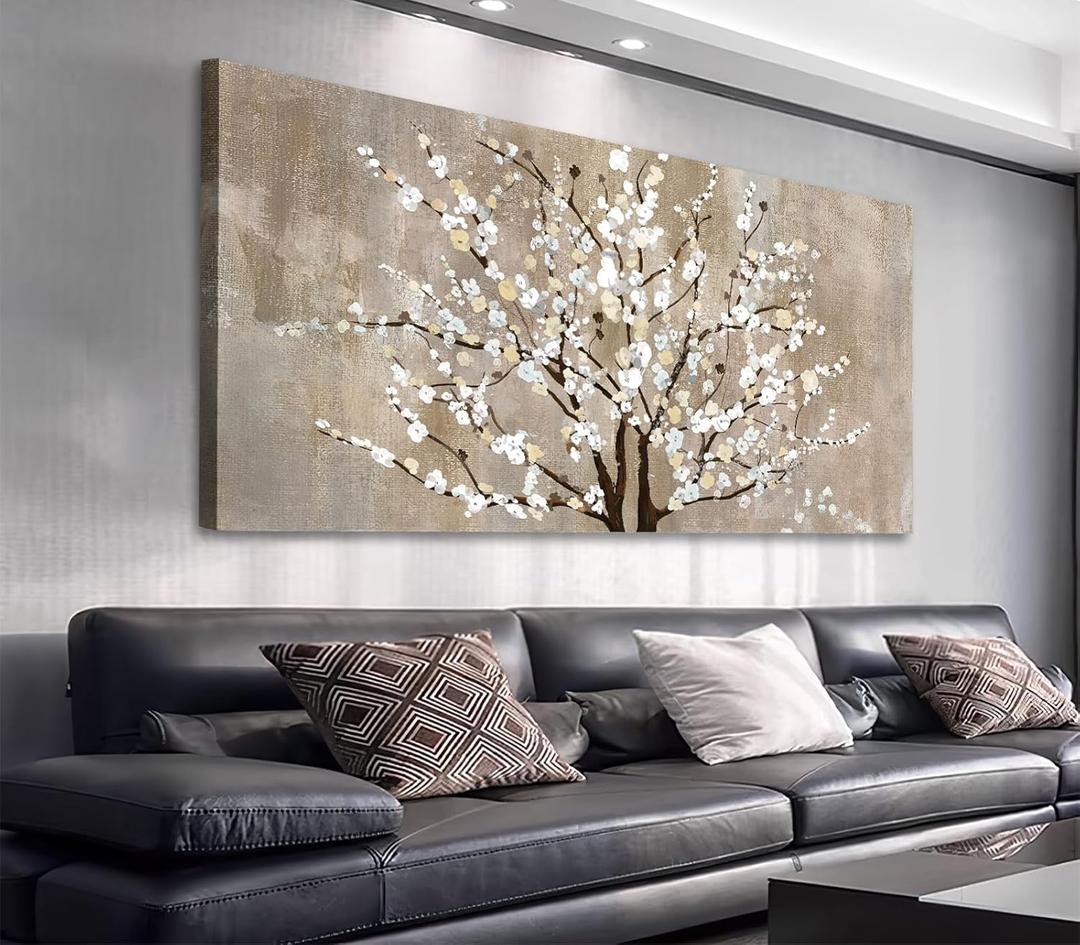 Flower Canvas Wall Art for Living Room Plum Blossom Canvas Wall Pictures for Bedroom Wall Decor Brown Pink White Elegant Floral Canvas Prints Artwork Home Decorations Framed Ready to Hang 29" x 58"