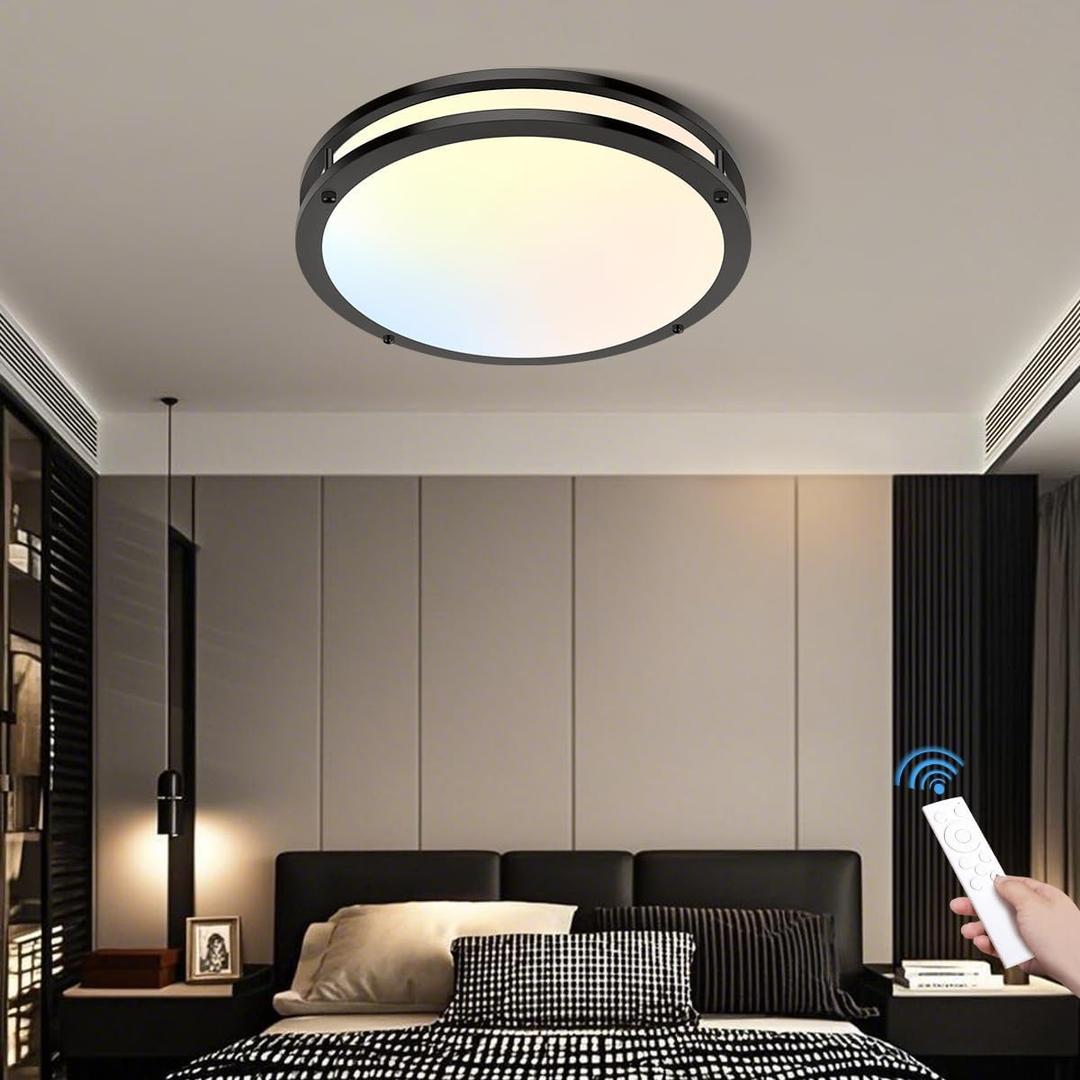 AOMEI 16inch Black Natural Light Spectrum LED Ceiling Light for Bedroom Living Room 24W 3000K-6000K, 4-Point Secure Flush Mount Flat Panel, CRI97 Round Modern Fixture with Remote Control