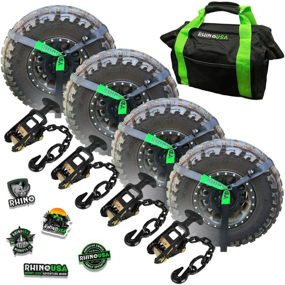 Rhino USA Car Tie Down Straps with J Hooks  4 Pack 2" x8'  10,000lbs Break Strength  Heavy Duty T-Handle Car Hauler Tire Lasso Wheel Straps for Trailers, UTV & Powersports  Black