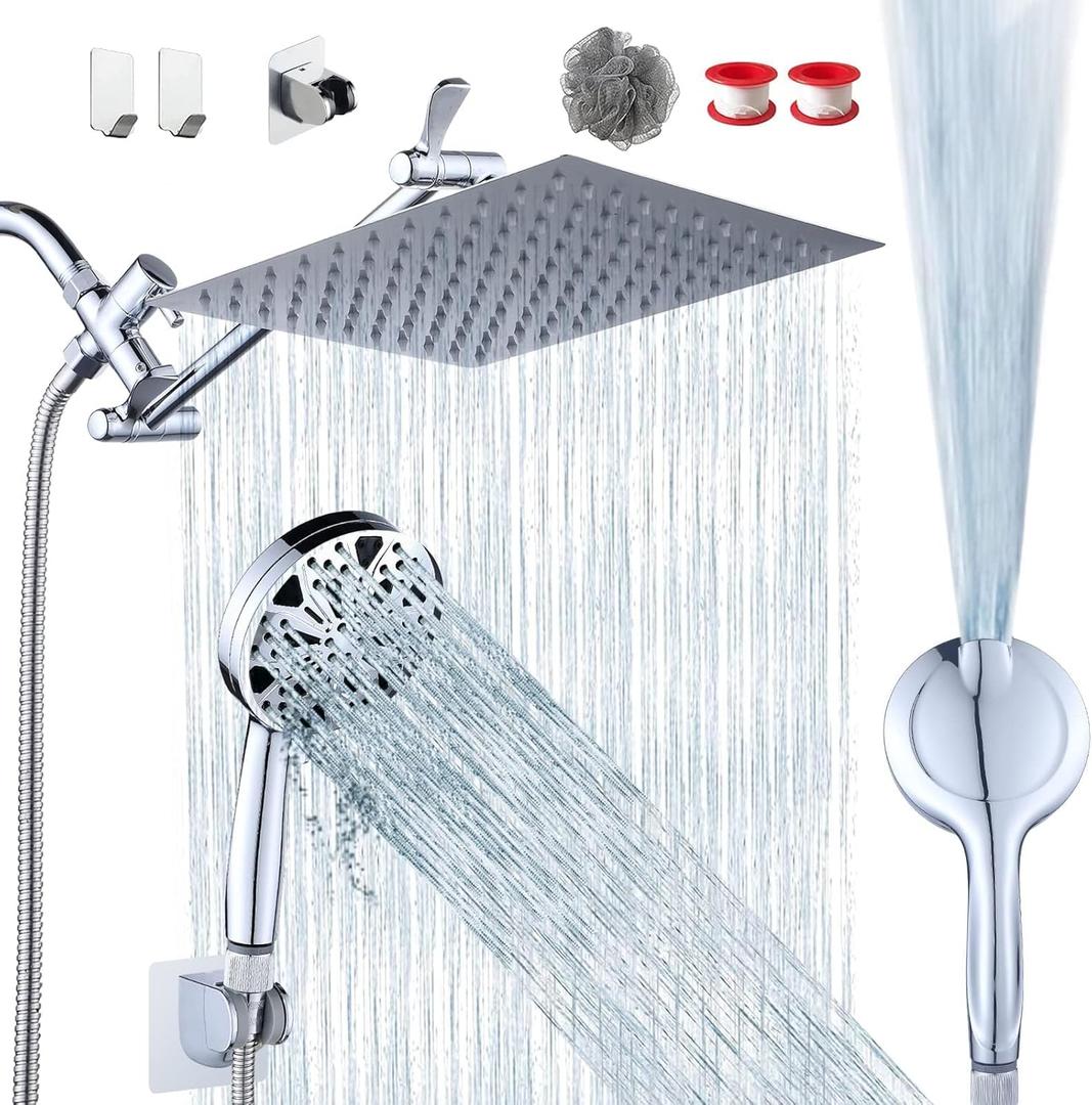 10'' High-Pressure Rainfall Shower Head & Handheld Combo - 8+2 Modes Stainless Steel Chrome Finish 11'' Adjustable Extension Arm Height/Angle with Holder & 60" Hose