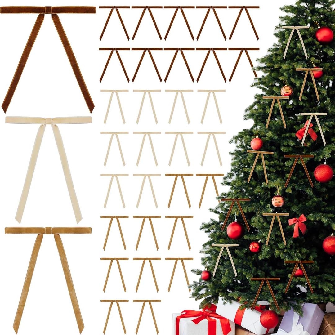 30 Pcs Christmas Velvet Wreath Bow, 5 x 7 Inch Vintage Velvet Ribbon Bows Rustic Crafts Gift Bows for Holiday Xmas Tree Wrapping Crafts (Beige,Khaki,Brown, Width of 3/8")