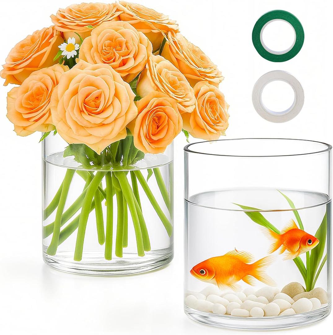 TBWIND 2Pcs Glass Cylinder Vases for Centerpieces, 6" x 4.7" Wide Mouth Flower Vase Hurricane Glass Candle Holders, Clear Vases Bulk with 2 Floral Tapes for Floating Candles Wedding Party Home Decor