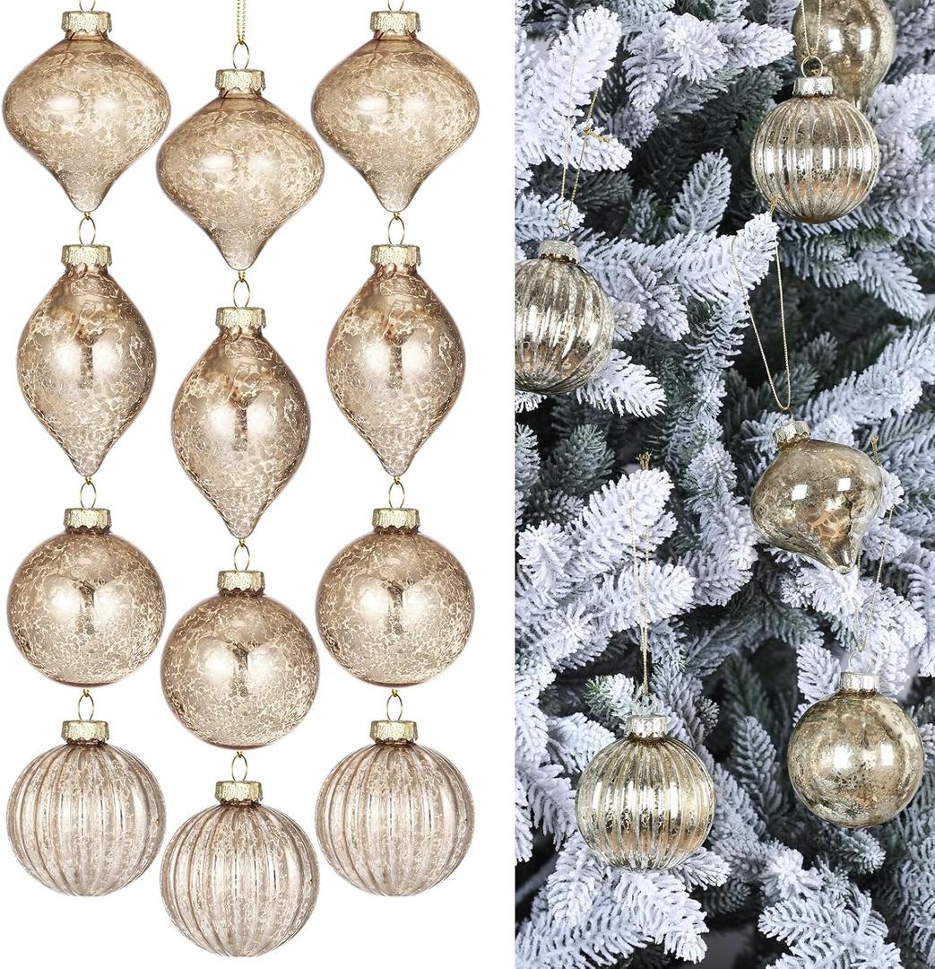 12 Pcs Mercury Glass Christmas Ornaments 2.36"3.15" Christmas Ball Ornaments Assorted Mercury Hanging Decor for Xmas Tree Decoration(Champagne)