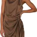 PRETTYGARDEN Women's Short Formal Satin Dress Summer Sleeveless Mock Neck Tie Waist Cocktail Party Dresses (Dark Brown)