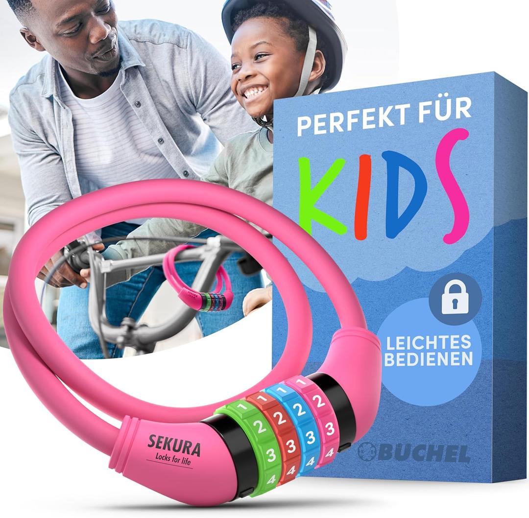 Bike Locks Cable for Kids - Colorful & Keyless - Secure Your Child's Bike - Easy-to-Use Bicycle Accessory, High Security 5 Digit Resettable Combination Coiling Bicycle Lock, Anti Theft (65cm - ohne Halterung, Pink)