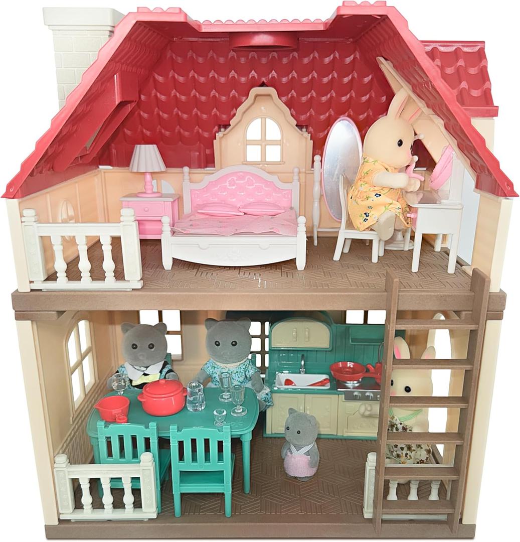 Family Cottage Doll House  2-Story Country Cottage with Dining Set & Bunny Figure, Complete Dollhouse Playset for Creative Pretend Play, Gift for Kids Ages 3+