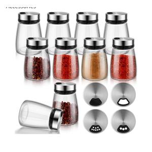 10 Pcs Salt Pepper Shakers Set with Adjustable Pour Holes Stainless Steel Spice Dispenser 6oz Clear Glass Seasoning Containers for Kitchen Restaurant Home BBQ Camping Farmhouse Accessories