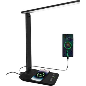 White crown LED Desk Lamp with 15W Wireless Charger & USB Port, Dimmable Table Lamp with 5 Lighting Modes, Sensitive Touch Control, Foldable & Portable Desk Light for Home, Office, Bedroom, Reading (Pro, Black)