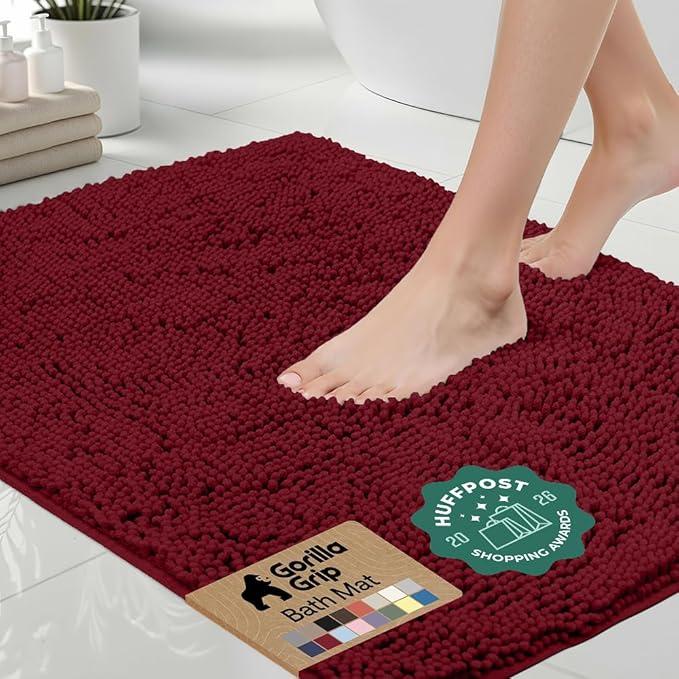 GORILLA GRIP Bath Rug Mat, Thick Soft Absorbent Chenille, Quick Dry Microfiber Mats, Rubber Backing Washable Shower Floor Rugs, US Designed Bathroom Bathmat Home Decor Accessories, 24x17, Burgundy