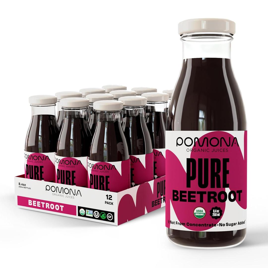 Pomona Organic Cold Pressed Beet Juice, Non-GMO, No Sugar, Gluten Free, Kosher, Preservative Free - Pack of 12, 8.4 oz (EXP 11/14/27)