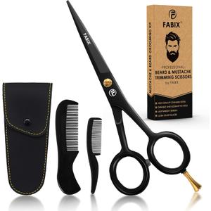 5 Professional Beard Mustache Scissors with 1 Beard Comb, 1 Mustache Comb and Travel Pouch - Perfect Beard Trimming Scissors for All Facial Hair Scissors - Grooming Scissors