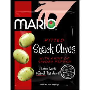 Mario Camacho Foods Pitted Snack Olives - Green Olives with a Hint of Pepper - 1.05 oz Pouches (Pack of 12) (EXP 04/19/26)