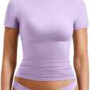 YEOREO Women Fitted Workout Tops Short Sleeve Double Lined Basic Y2K Going Out Crew Neck Compression Crop Top, Size L, Purple