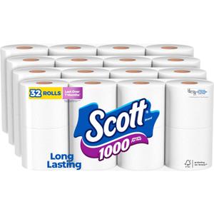 Scott 1000 Toilet Paper, 32 Rolls, Septic-Safe, 1-Ply Toilet Tissue , White
