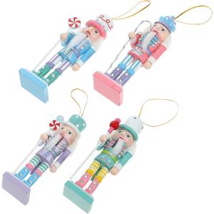 4pcs Small Wooden Christmas Nutcracker Figurines Candy Color Nutcracker Soldier Ornaments 13cm Traditional Xmas Hanging Decorations for Tree Shelf Table