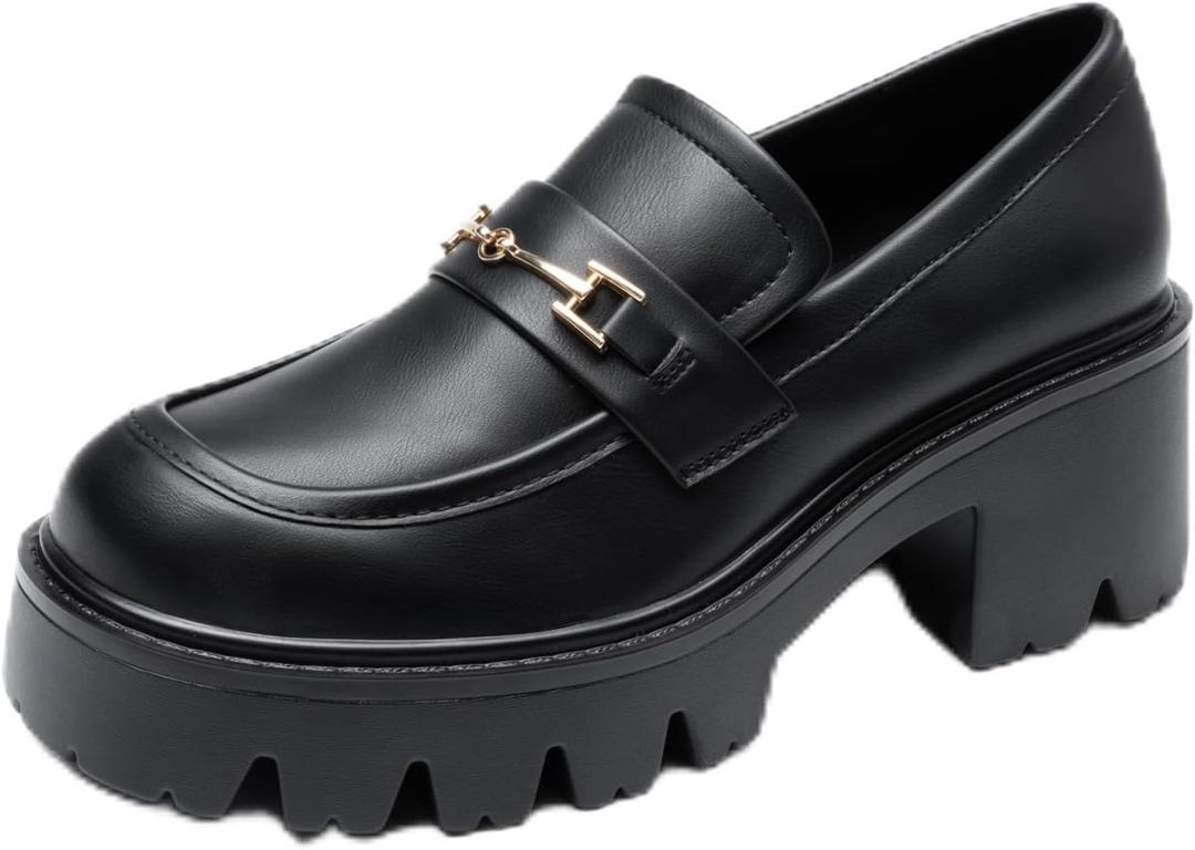 Women Loafers Platform Chunky Heel Slip On Lug Sole Casual Dressy Office Business Shoes (7.5, Black-pu)