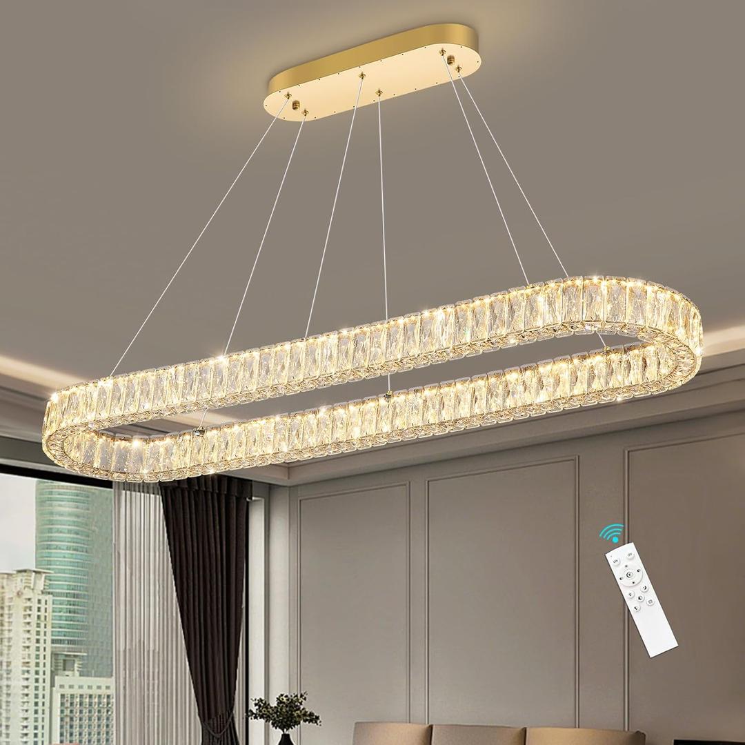 HAIXIANG Modern Crystal Chandelier Dimmable LED Long Chandeliers for Dining Table Pendant Lights Rectangular Glam Lighting Fixtures for Dining Room Kitchen Island Gold, Oval : L47"