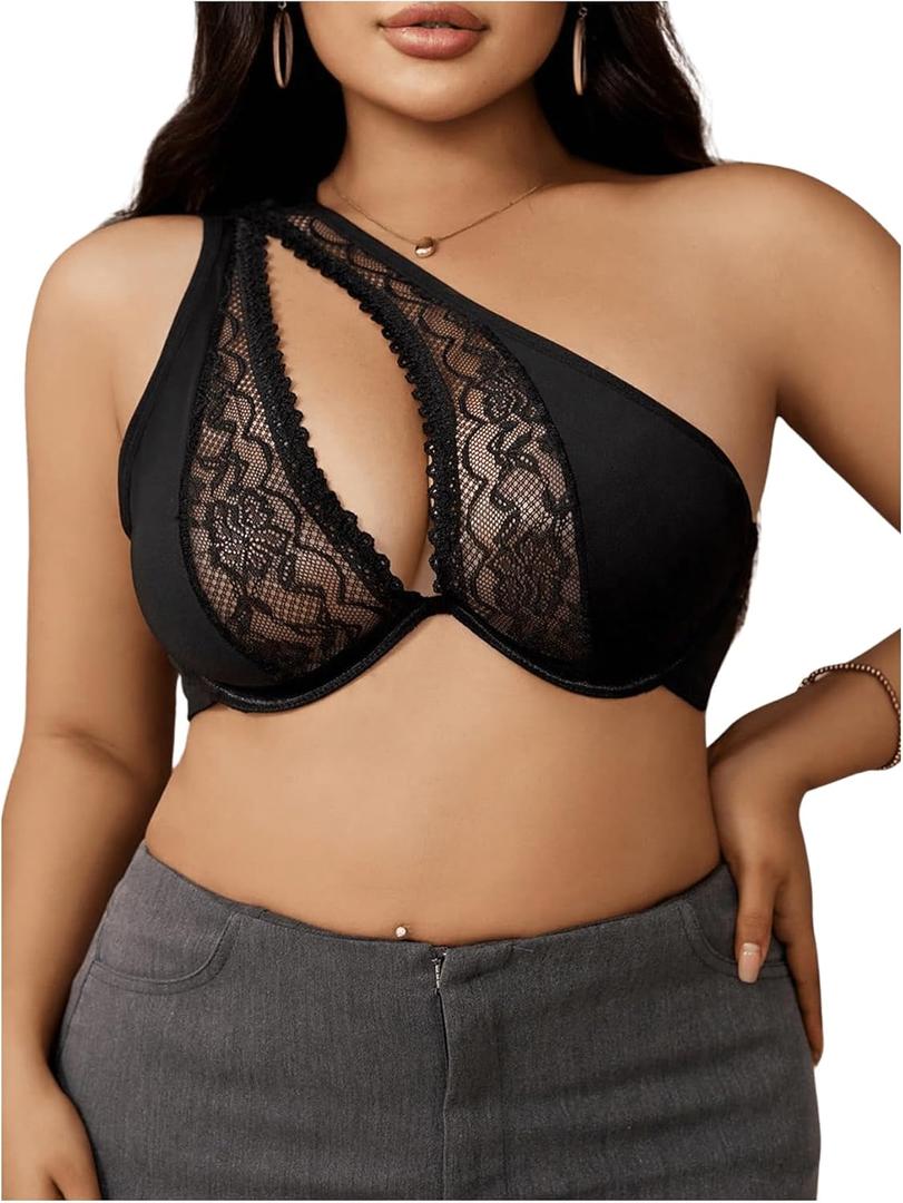 SOLY HUX Bras for Women Plus Size Contrast Lace Bra One Shoulder Cut Out Underwire Bralettes (4X-Large Plus, Pure Black)