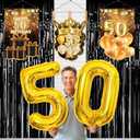 Vicycaty 50th Birthday Decoration for Men Women, Fabric 50th Birthday Backdrop Banner, Large Number 50 Foil Balloons, Foil Fringe Curtains, 50 Birthday Photo Props Yard Sign Decor, Black Gold 
