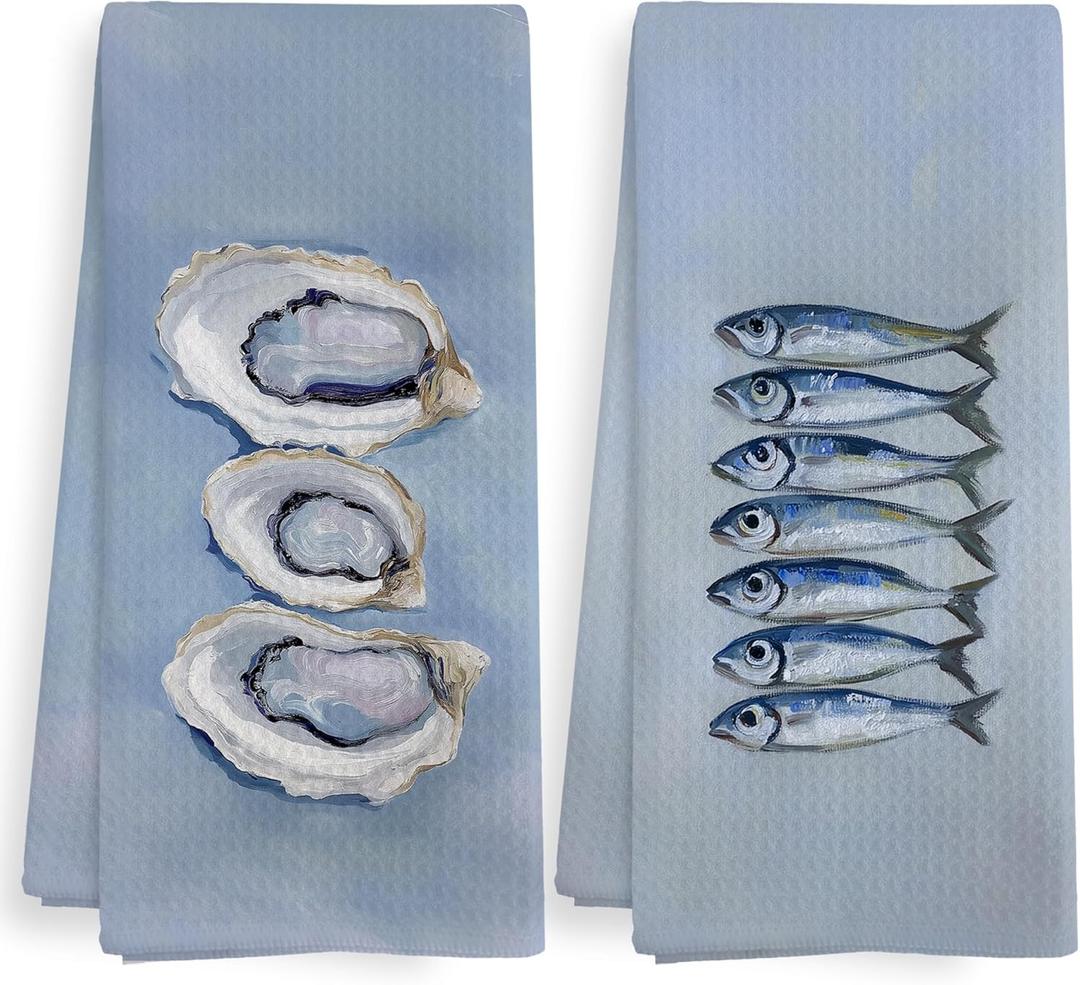 Summer Ocean Coastal Beachy Kitchen Towels and Dishcloths Sets of 2, Coastal Oyster Sardine Decor, Blue Ocean Beach Themed Nautical Decor Dish Hand Tea Towels for Bathroom Kitchen, 16x24 Inch