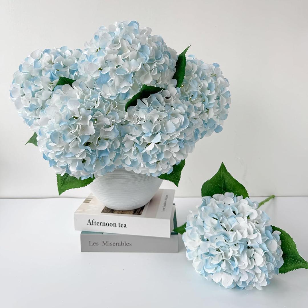 5 Pcs White & Light Blue Silk Hydrangeas Artificial Flower Boho Dried Touch 20'' Faux Hydrangeas for Indoor Home Decor Kitchen Living Room Outdoor Porch Wedding Flower Arrangement