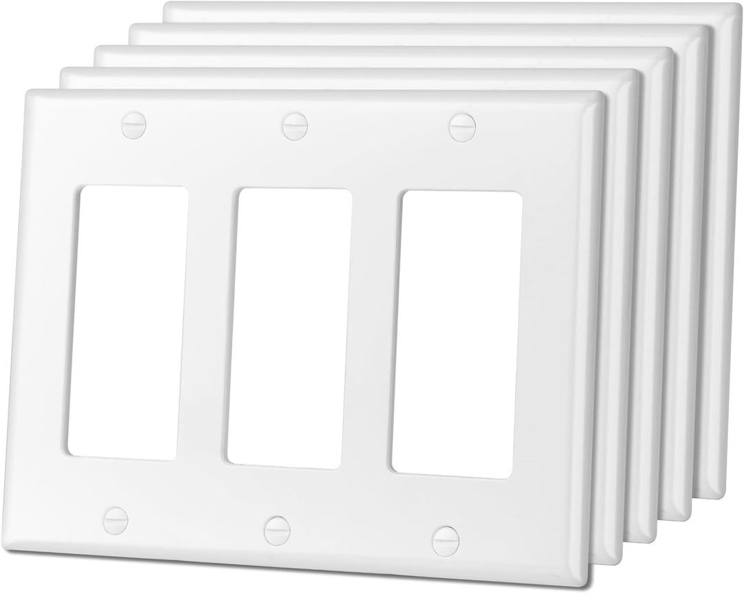 5 Pack Decorator Light Switch or Receptacle Outlet Wall Plate, Gloss Finish, Size 3-Gang 4.50" x 6.38", Polycarbonate Thermoplastic, White