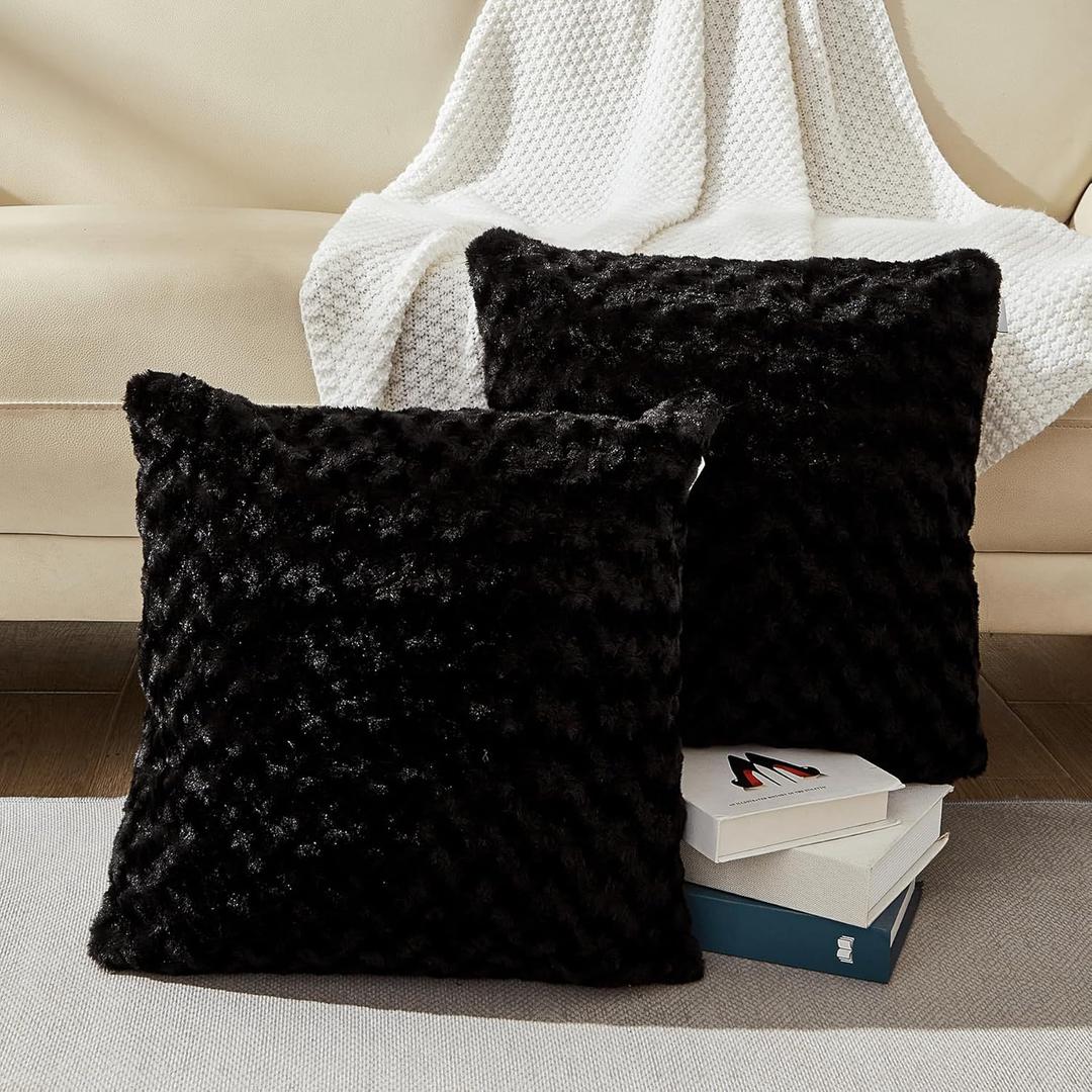 18 x 18 Black Pillow Covers Couch Throw Pillow Cases for Living Room Bed Room Faux Rabbit Fur with Rose Pattern Square Black Cushion Covers for Bed Couch Sofa Chairs