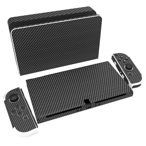 PlayVital for Nintendo Switch OLED Skins Full Set – No-Residue Protective Vinyl Decal Wrap Sticker for Switch OLED Console, Dock, controller & Hand Grips - Black Silver Carbon Fiber