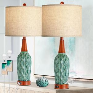 Vintage Table Lamps for Living Room Set of 2, Retro Bedside Lamp for Bedroom with USB Port, MCM Teal Ceramic 3-Way Dimmable Nightstand Lamp with Oatmeal Linen Shade (Bulb Included) (Turquoise)