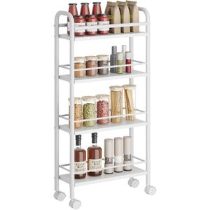 Asgolion Slim Storage Cart, 4 Tier Rolling Utility Cart on Wheels, Narrow Shelving Unit Cart for Small Spaces in Kitchen, Dining Room, Bathroom, Laundry Room, White