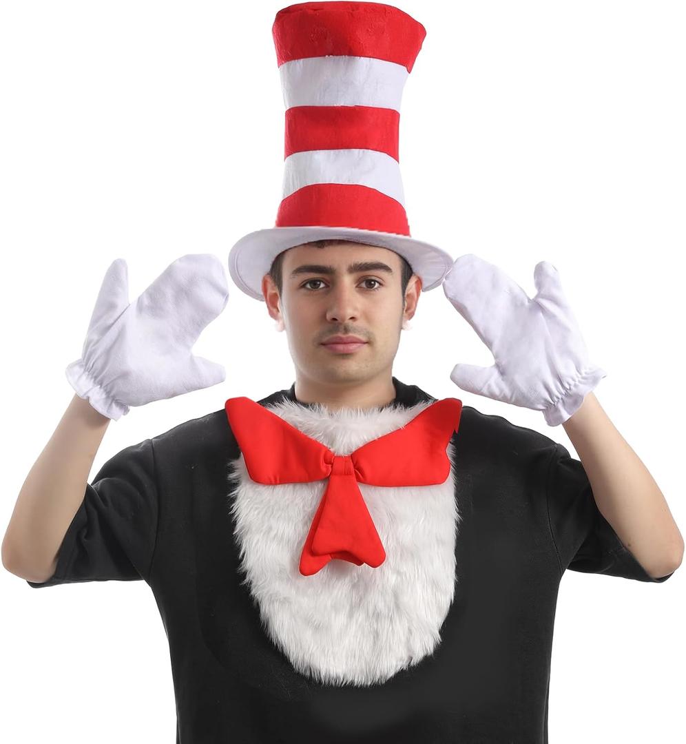 Cat in the Hat Costume Red Striped Hat White Gloves White Furry Cloth Red Bow Halloween Party Cosplay Costume Accessories