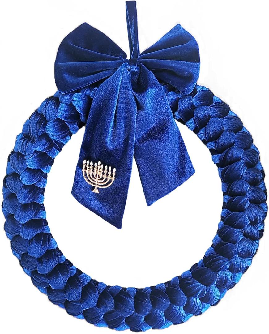 Hanukkah Velvet Wreaths for Front Door, 14" Blue Chanukah Wreath with Bow and Candlestick Ornaments, Hanukkah Decorations for Home Outdoor Indoor Party Table Fireplaces Porch Walls New Years