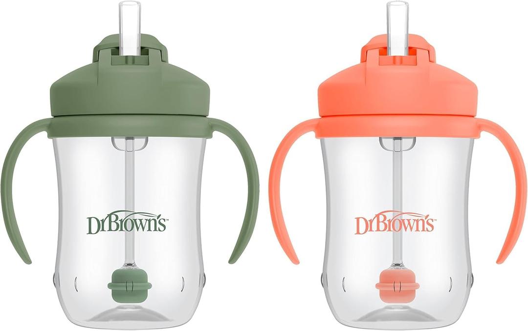 Dr. Brown's Milestones Baby's First Straw Cup, Training Cup with Weighted Straw, 9 oz/270 mL, BPA-free, 6m+, Coral/Olive Green, 2-Pack
