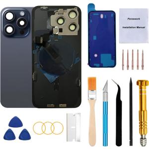 Rear Back Glass Replacement for iPhone 15 Pro 6.1-inches with Reparing Tool Kit and All Necessary Parts (Blue Titanium)