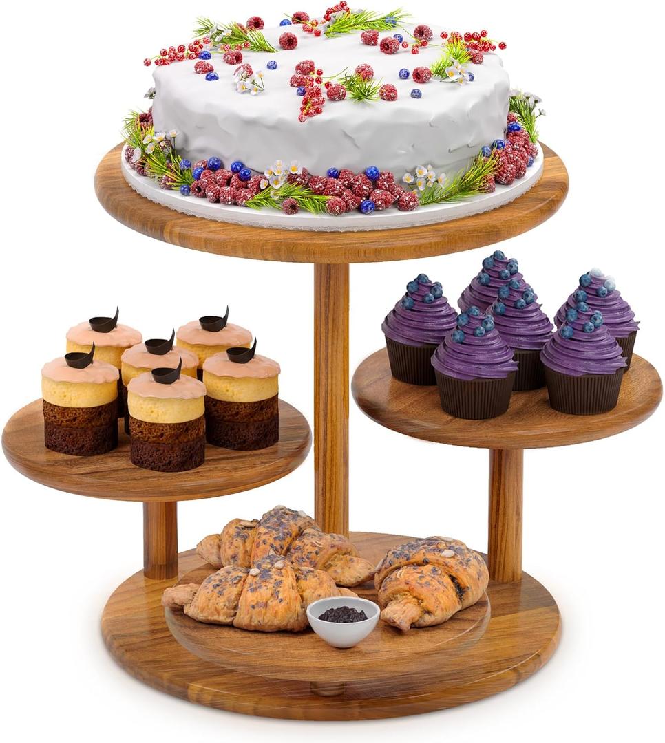 HURZMORO 4 Tier Round Cupcake Tower Stand for 50 Cupcakes, Wood Cake Stand with Tiered Tray Decor, Farmhouse Tiered Tray Decor, Cupcake Display for Birthday Graduation Baby Shower Tea Party