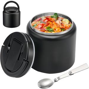 26oz Soup Thermo for Hot Food Kids Insulated Vacuum Food Jar with Buckle Lid,Wide Mouth Leakproof Stainless Steel Lunch Container with Spoon-Black