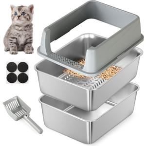 Stainless Steel Sifting Litter Box for Pine Pellets, Sifting Cat Litter Box with Sifter, High Side for Small Cats, Anti-Leakage, Odor Control, Includes Scooper, 17.7" x 13.8" x 11"