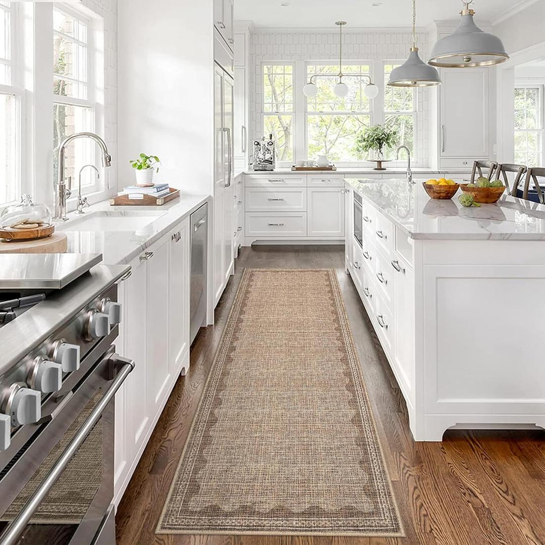 CAREMEE Scalloped Rug 2.5x8 Runners for Hallways, Solid Coffee Runner Rugs Non Slip Scalloped Bath Runner, Washable Mat for Bedroom Girls, Rugs for Kitchen Floor Soft Dorm Nursery Carpet for Bedside