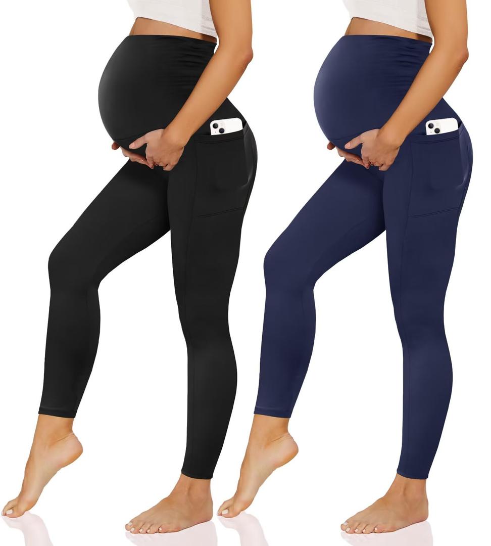 Happy.angel 2 Pack Maternity Leggings with Pockets Over The Belly, Womens Black Workout Yoga Pregnancy Pants Black/Navy Blue XX-Large