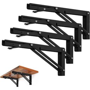 Storystore Folding Shelf Brackets - 12 Inch Heavy Duty Metal Collapsible Shelf Bracket for Bench Table, Shelf Hinge Wall Mounted Space Saving DIY Bracket, Max Load: 150 lb (4 PCS, Black)